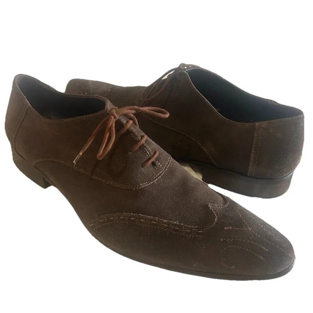 Purouomo Italian Mens EU 45 Suede Brown Wingtip Pointed Toe Dress Shoes Italy